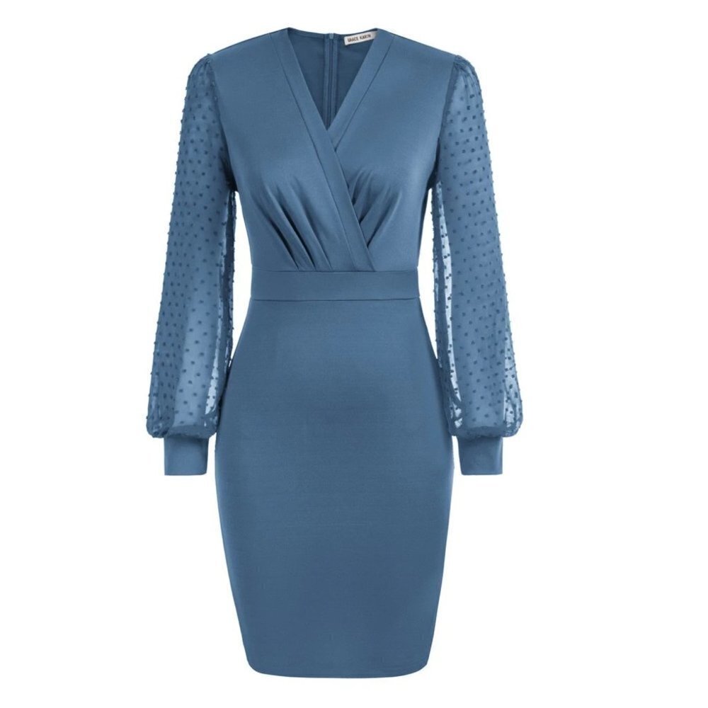 NEW Grace Karin Size M Long Swiss Dot Sleeves Surplice V Neck Midi Dress in Blue